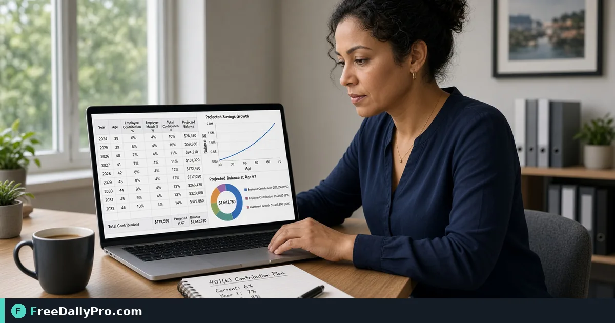 Person using 401(k) Calculator on a laptop for a real retirement contributions task