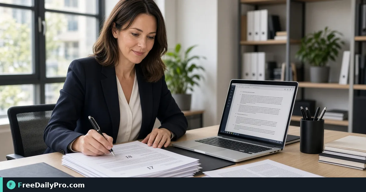 Professional numbering pages of a multipage contract at an office desk