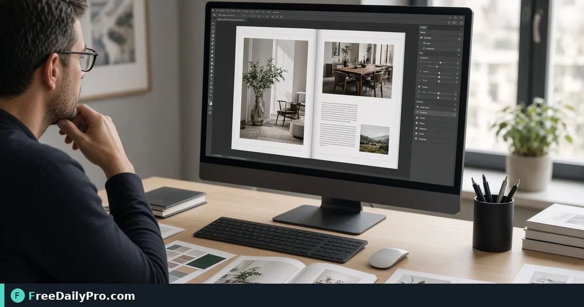 Editor reviewing a magazine layout on a monitor with printed spreads on the desk