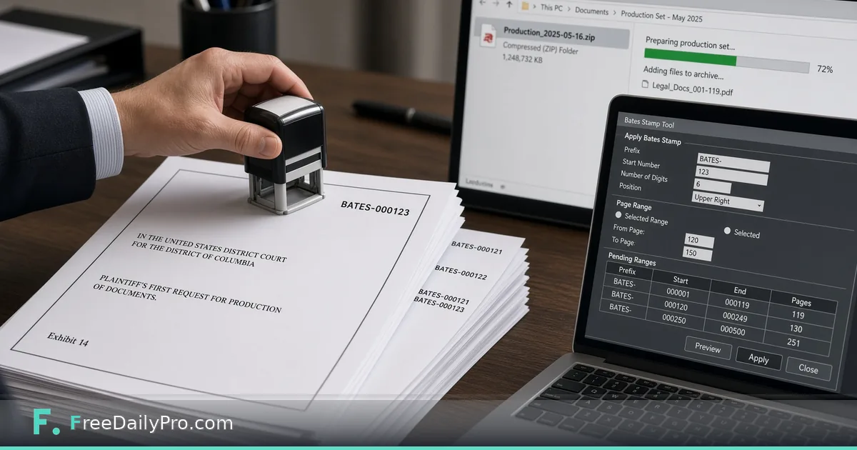 Legal associate preparing a Bates-stamped document production on a laptop with PDF rows