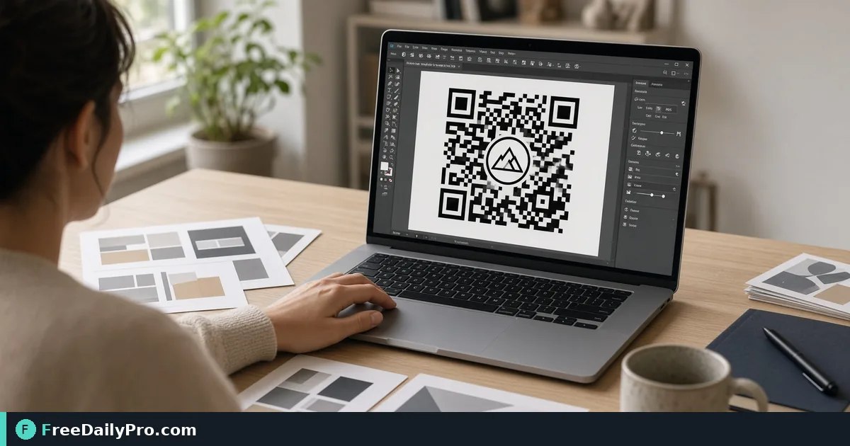 Marketer designing a branded QR code with logo on a laptop beside print samples