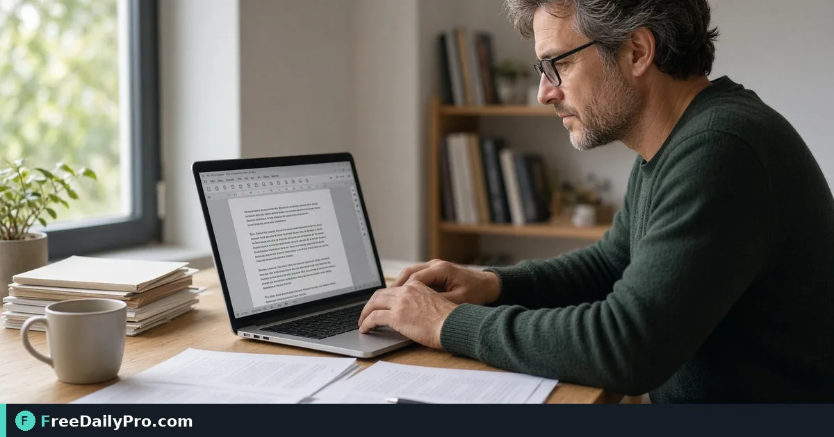 Author preparing a book copyright page on a laptop with manuscript pages