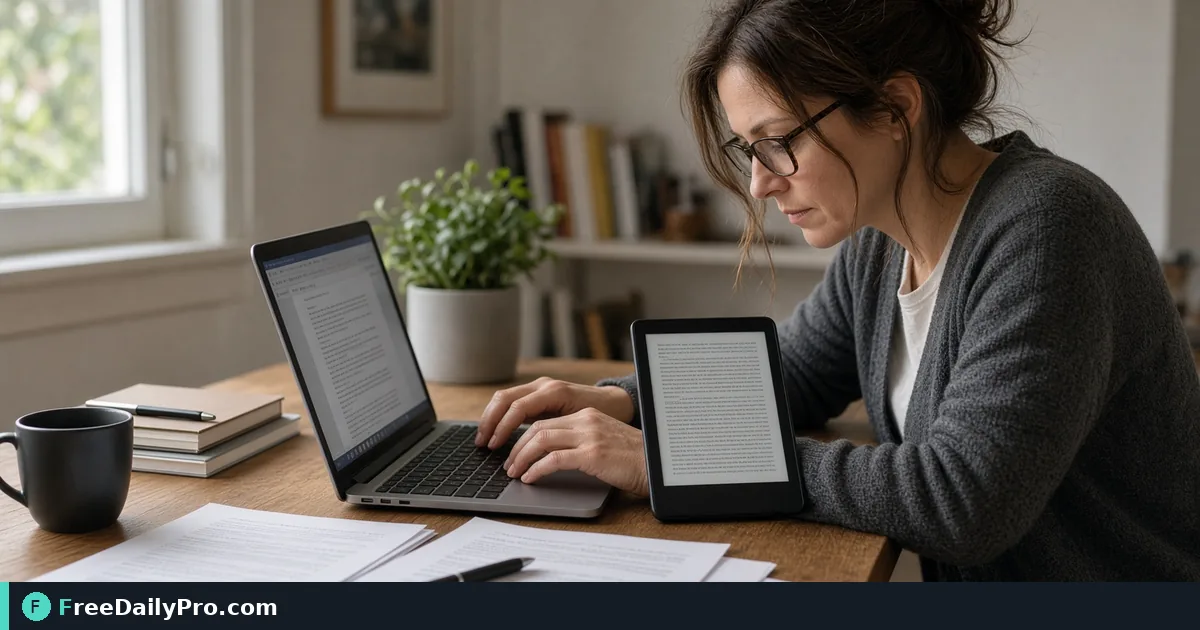 Author building an EPUB ebook from chapter files on a laptop with an e-reader nearby