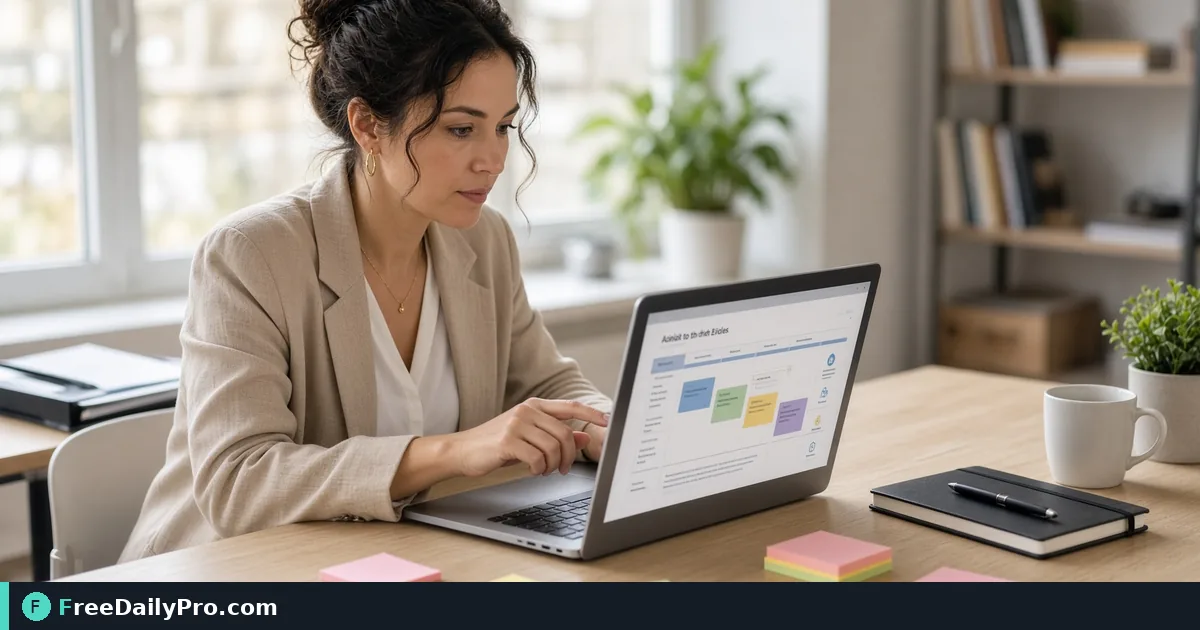 Event planner building a conference agenda on a laptop with sticky notes