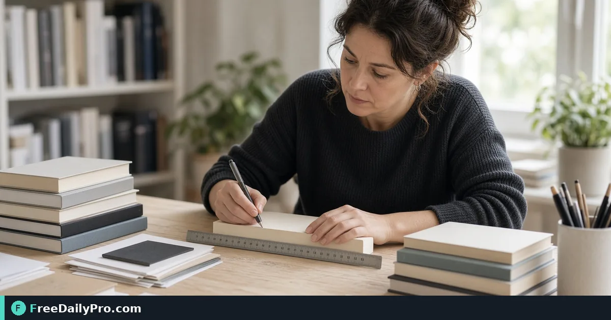 Book designer measuring paperback spine width at a desk with books and a ruler