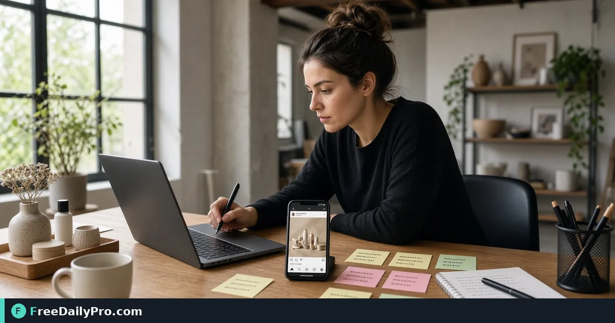 Person using Caption Generator on a laptop for a real social marketing task