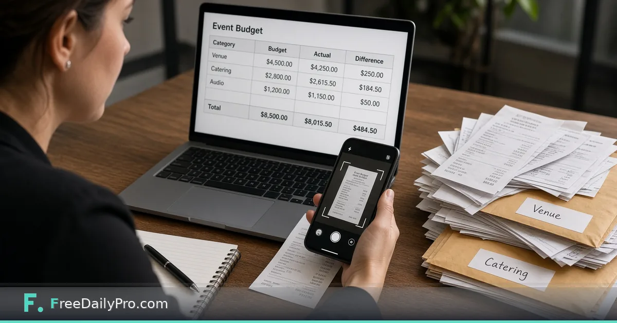 Planner photographing a vendor receipt next to a laptop budget spreadsheet