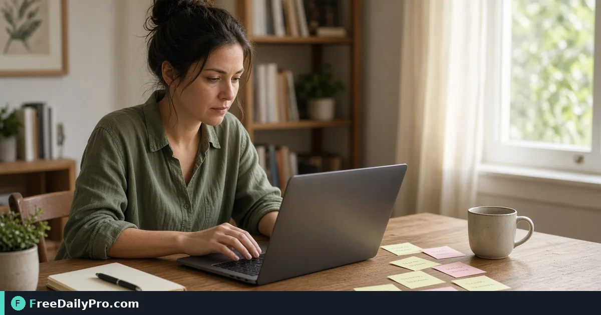 Writer fixing title case on headlines at a laptop with sticky notes