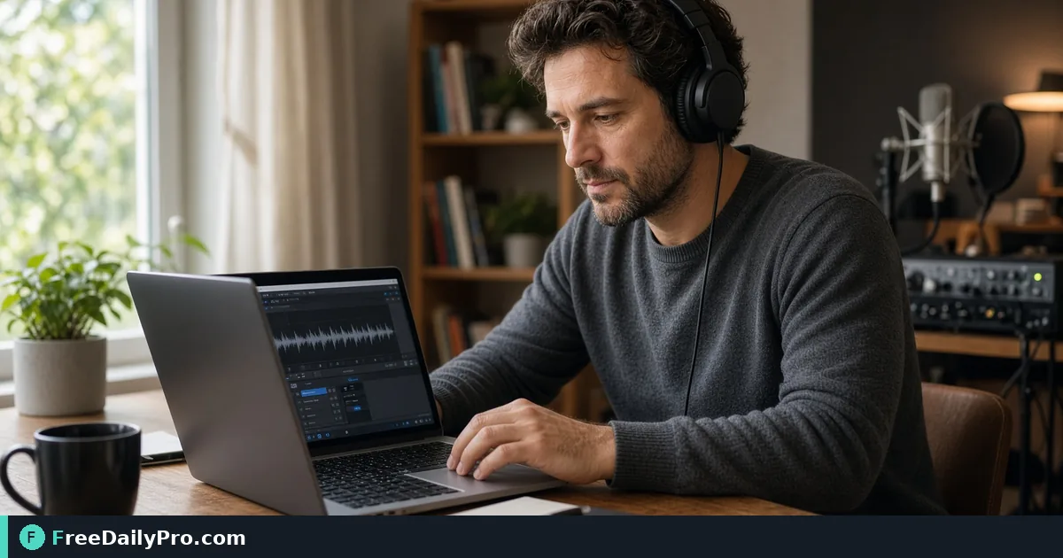 Audiobook producer checking audio levels on a laptop with headphones