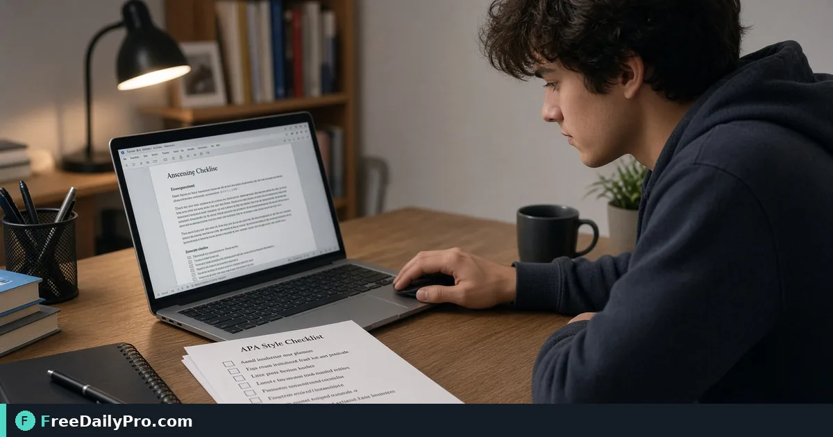 Student reviewing a Word paper format report on a laptop beside a printed style checklist
