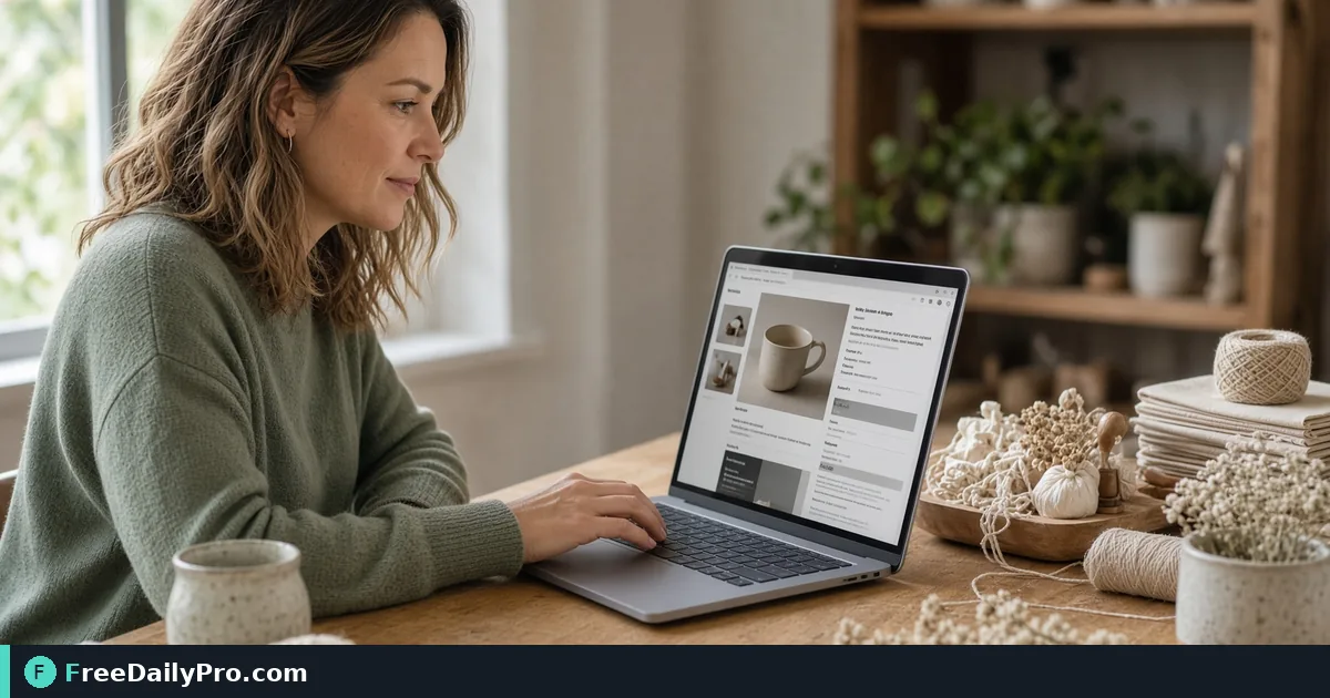 Etsy seller reviewing listing title and tags on a laptop with craft products nearby