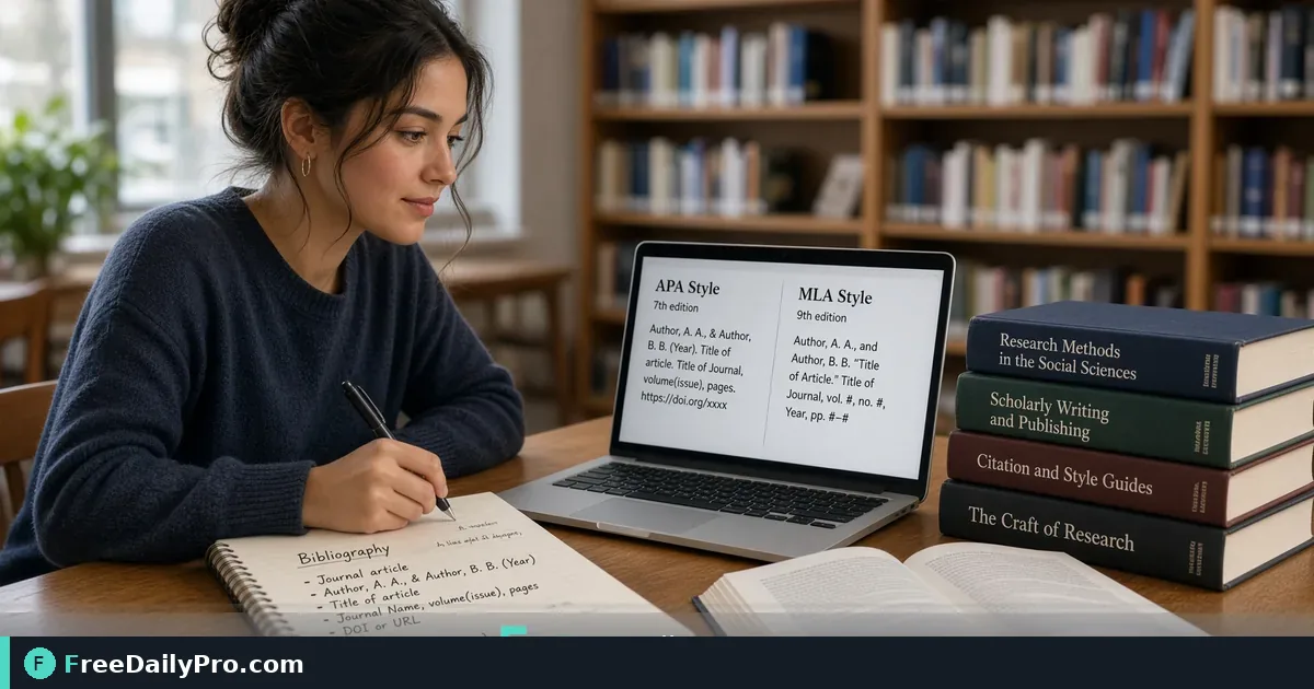 Student at a desk formatting APA citations on a laptop with printed style notes