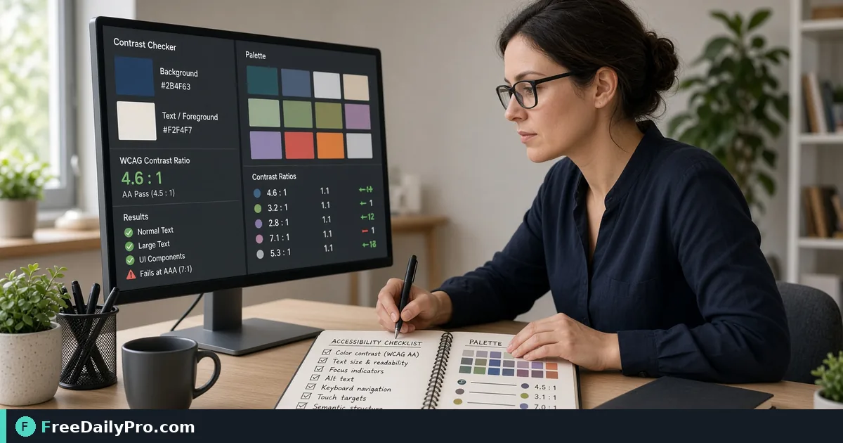 Person using Contrast Checker on a laptop for a real accessibility QA task