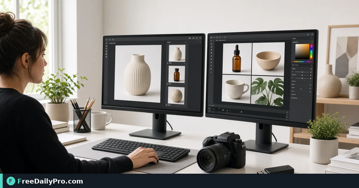 Designer converting product photo formats on dual monitors
