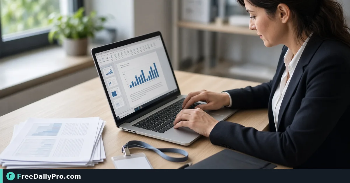 Marketer converting a PowerPoint deck to PDF on a laptop before a conference print run