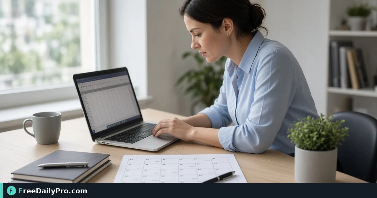 Office professional calculating business days on a laptop with a printed calendar