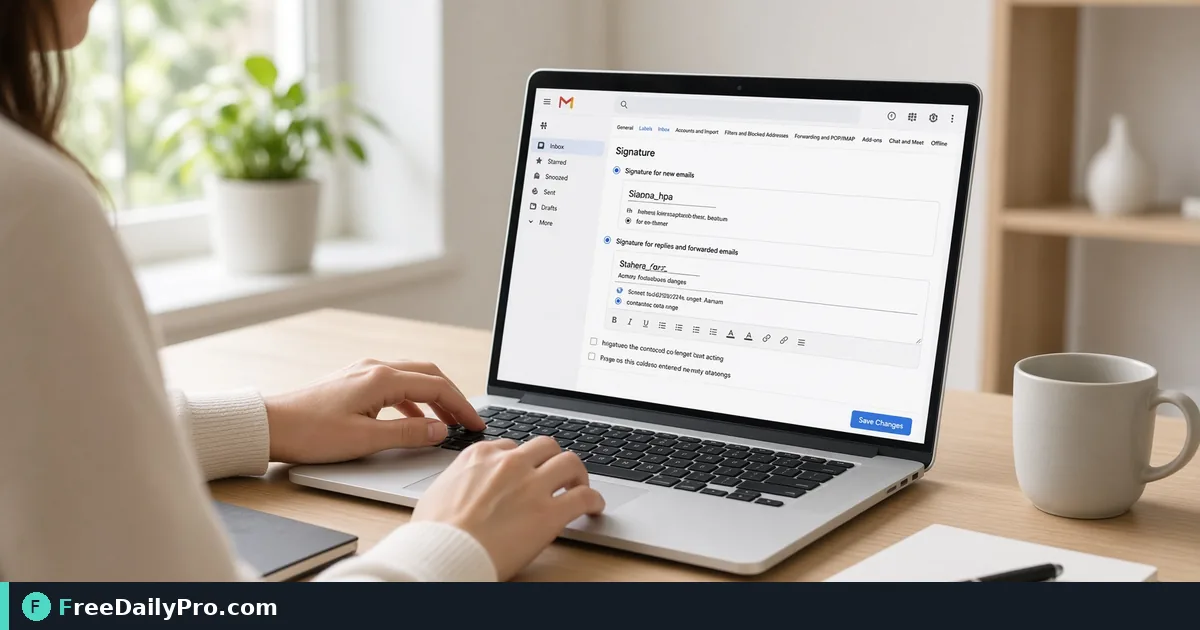 Professional pasting an email signature into Gmail settings on a laptop