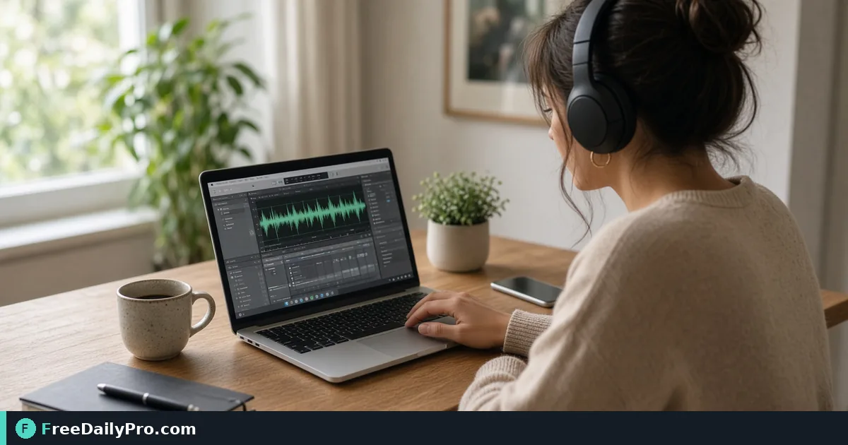 Person creating a custom phone ringtone on a laptop with headphones