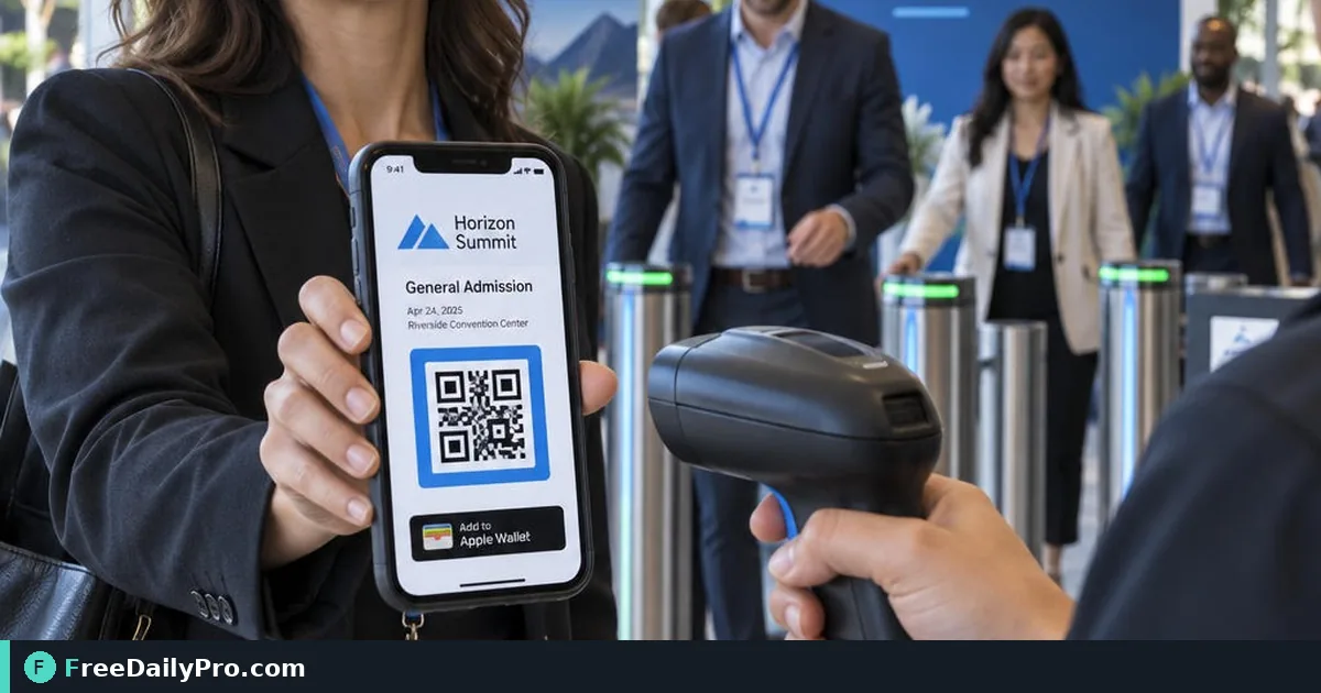 Door staff scanning a guest pass QR on a phone at a convention entrance with no Wi-Fi icon