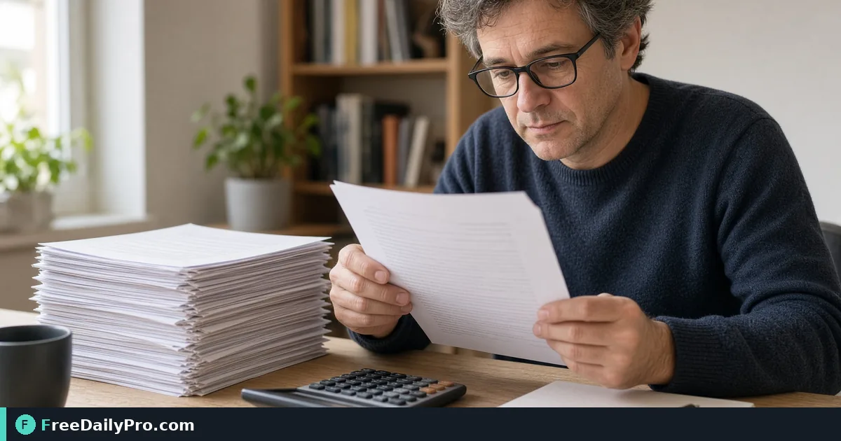 Author estimating book page count with a manuscript stack and calculator