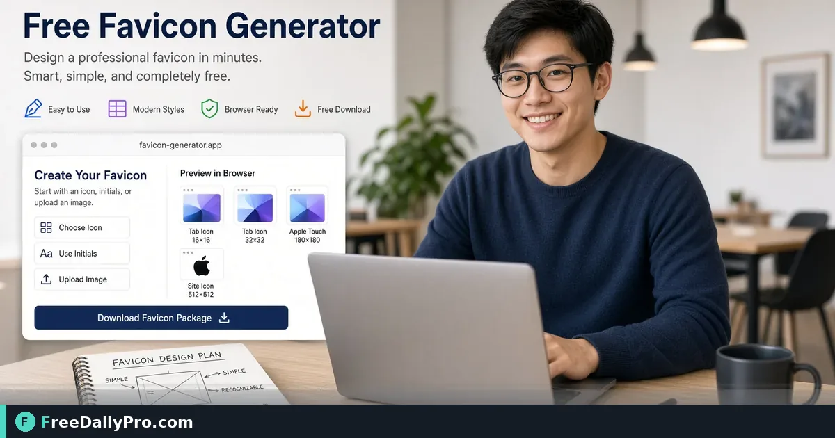 Web designer creating a website favicon on a laptop with browser tabs open