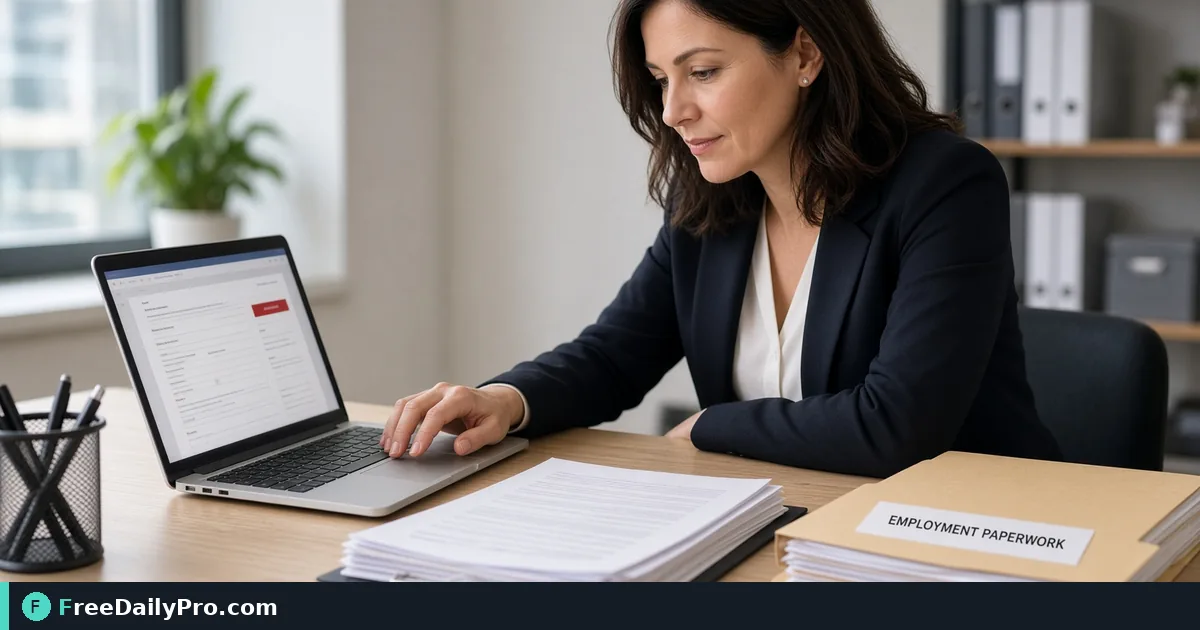 HR coordinator flattening a filled employment form PDF on a laptop before emailing it
