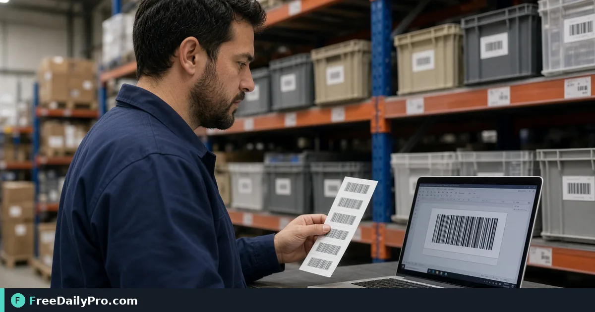 Warehouse associate printing barcode labels generated on a laptop for inventory bins