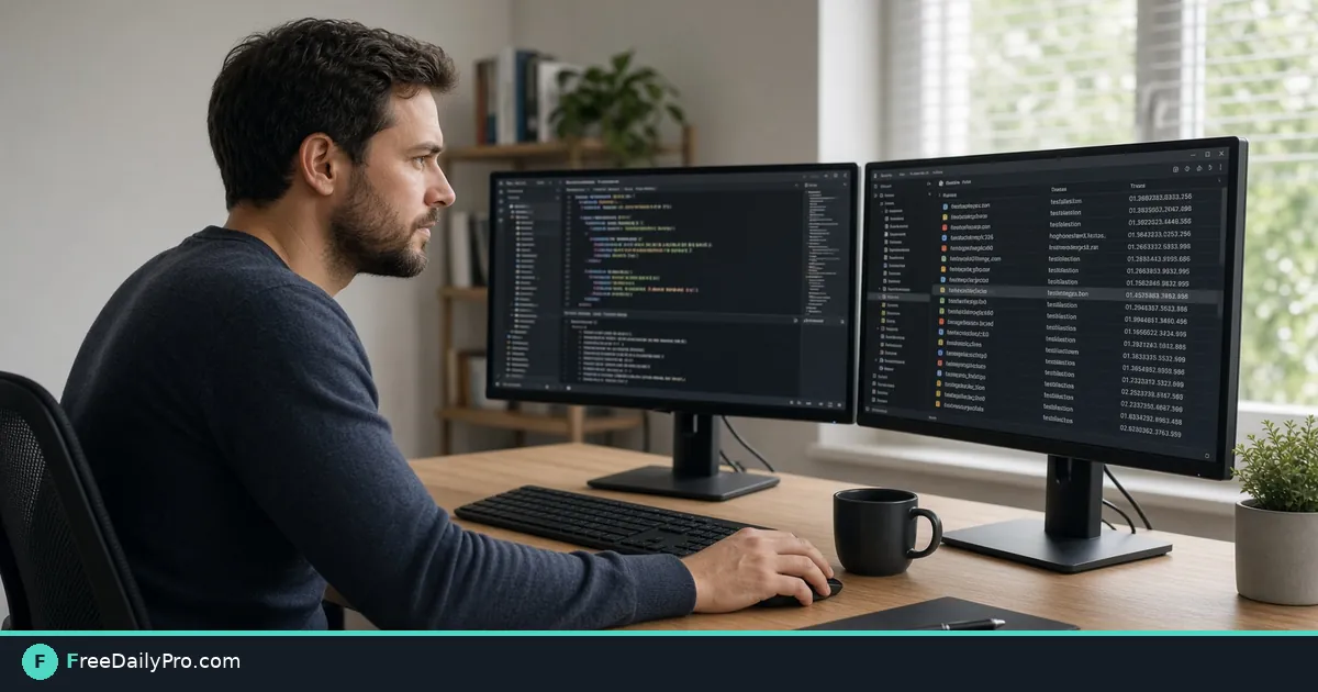 Developer comparing file checksums on dual monitors