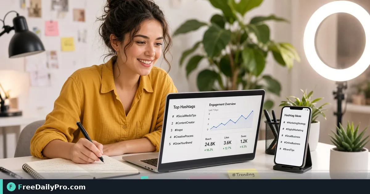 Marketer reviewing hashtag suggestions on a laptop beside a phone showing a social post