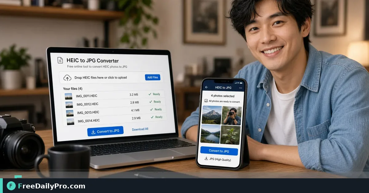 Person converting iPhone HEIC photos to JPG on a laptop next to a phone