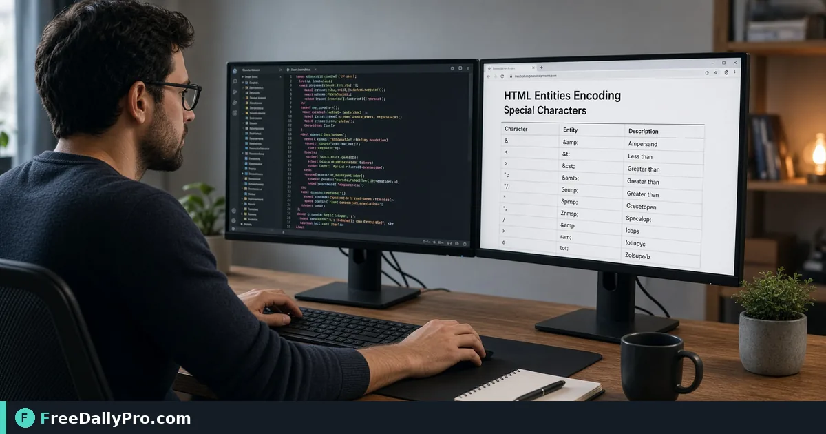 Person using HTML Entity Converter on a laptop for a real web content task