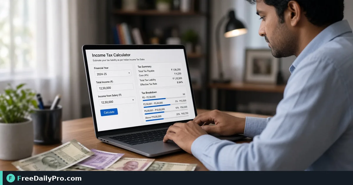 Person using India Income Tax on a laptop for a real India tax estimate task