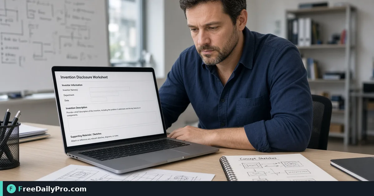 Person using Invention Disclosure Worksheet on a laptop for a real IP intake task