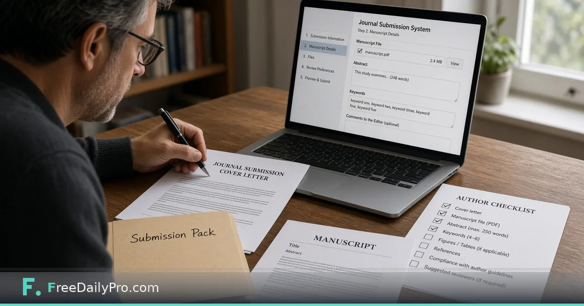Researcher finishing a journal submission checklist and cover letter on a laptop