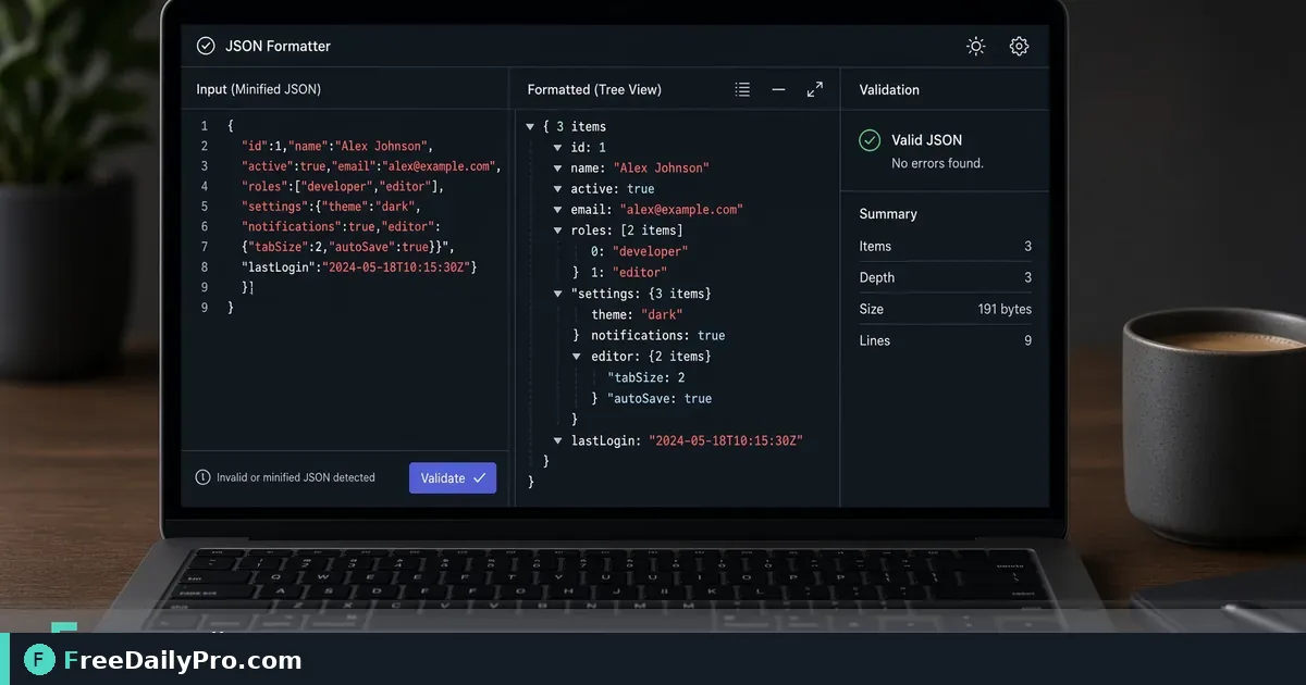 Developer formatting JSON on a laptop with code visible on the screen