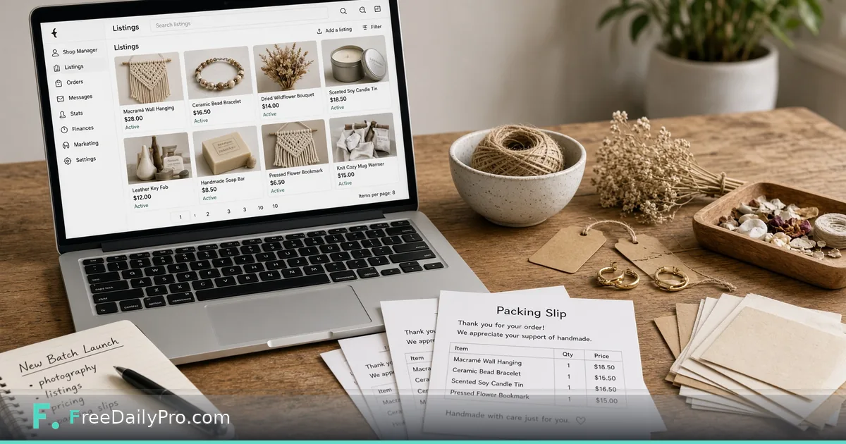 Shop owner reviewing a product launch board with photos and fee margins on a laptop