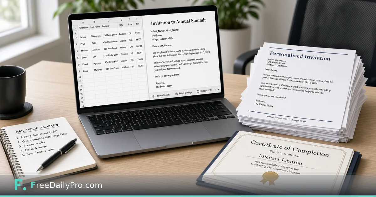 Office coordinator printing personalised certificate PDFs from a spreadsheet list
