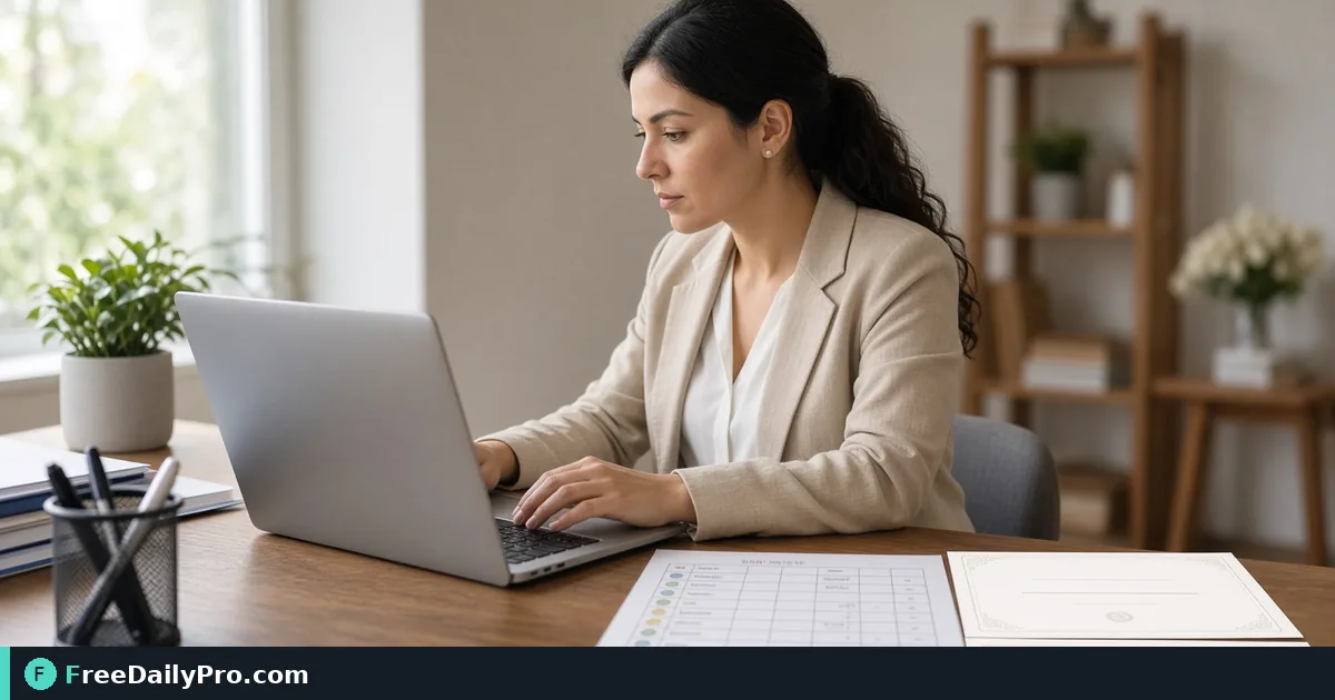 Event organizer generating attendance certificates for workshop guests on a laptop