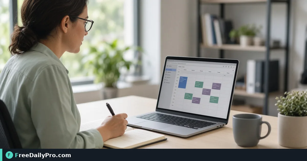 Professional building a calendar invite on a laptop with a notebook and coffee