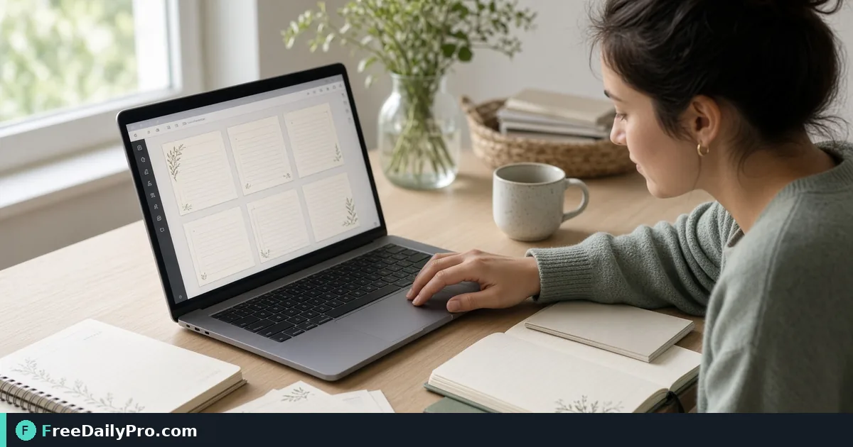 Creator designing lined notebook interior pages on a laptop with sample journals
