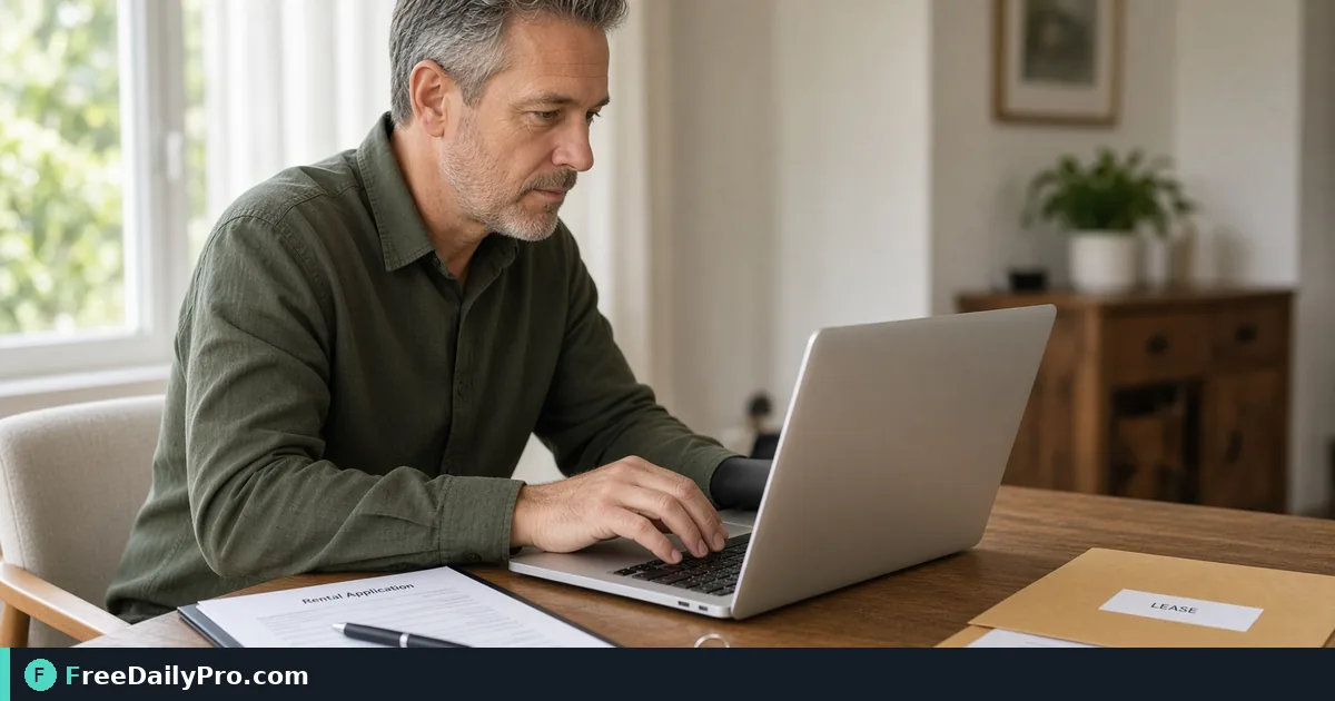 Landlord preparing a rental application form on a laptop with keys and lease folder
