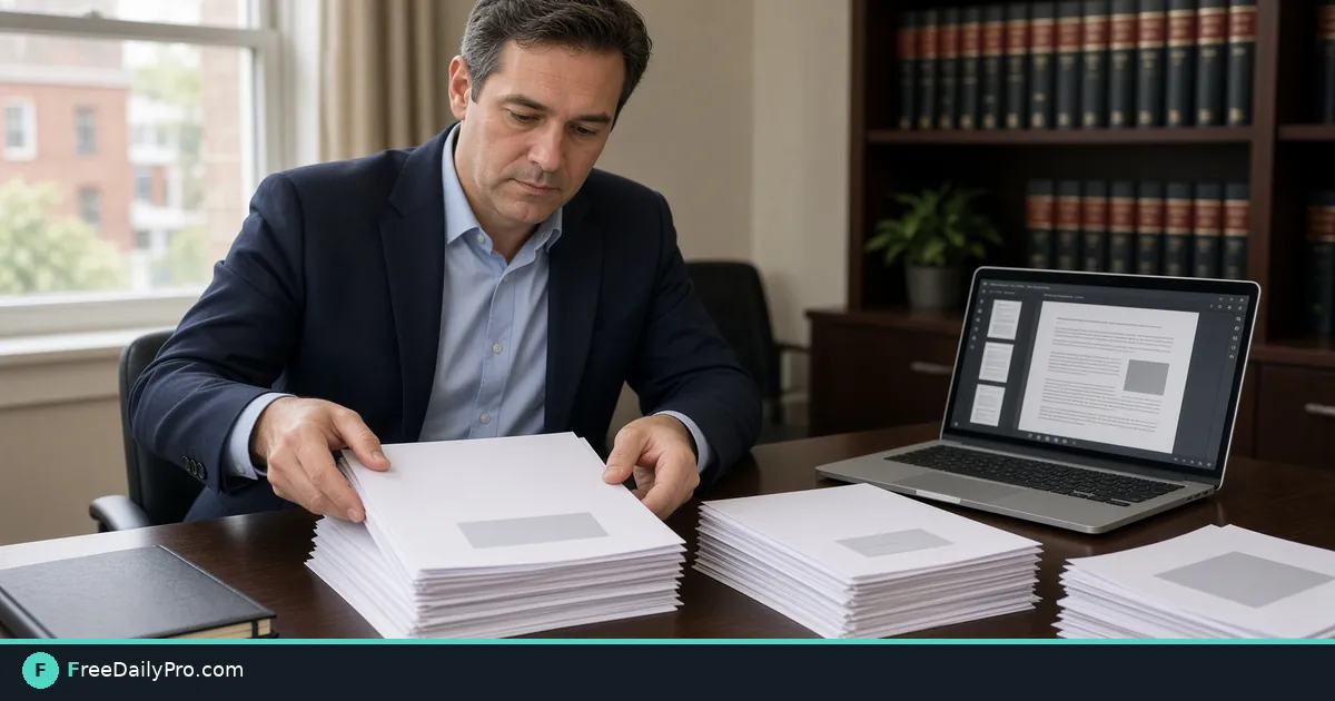 Professional arranging stacks of documents to build one client PDF packet