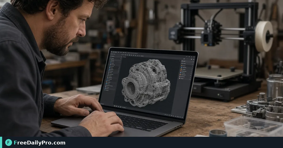 Maker inspecting a 3D mesh on a laptop before sending it to a printer