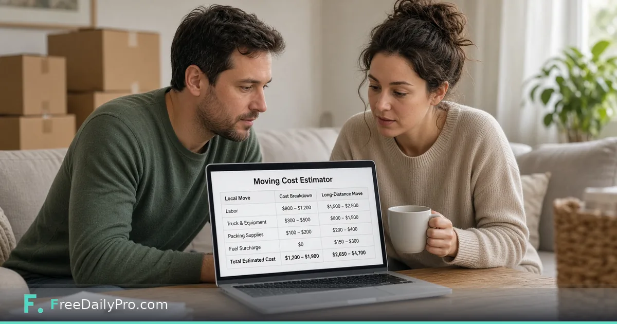Couple at a table with moving boxes and a laptop showing a moving cost range