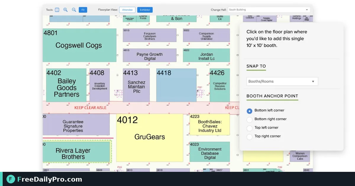 Trade show organiser at a laptop assigning booth links while a floor map shows numbered booths