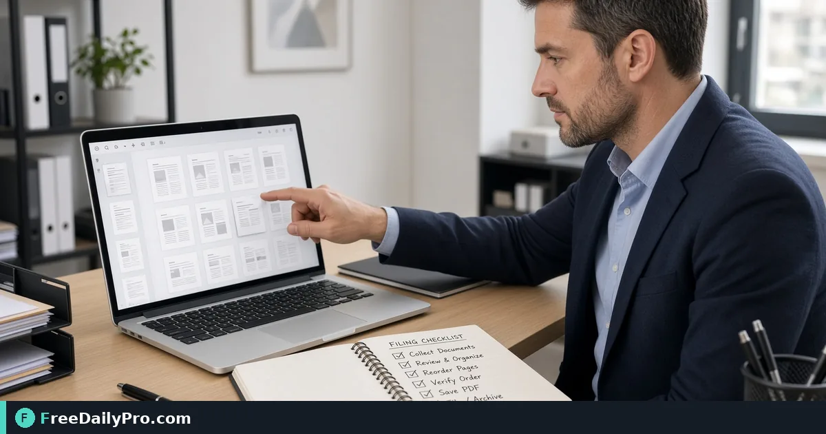 Team member reordering PDF pages on a monitor