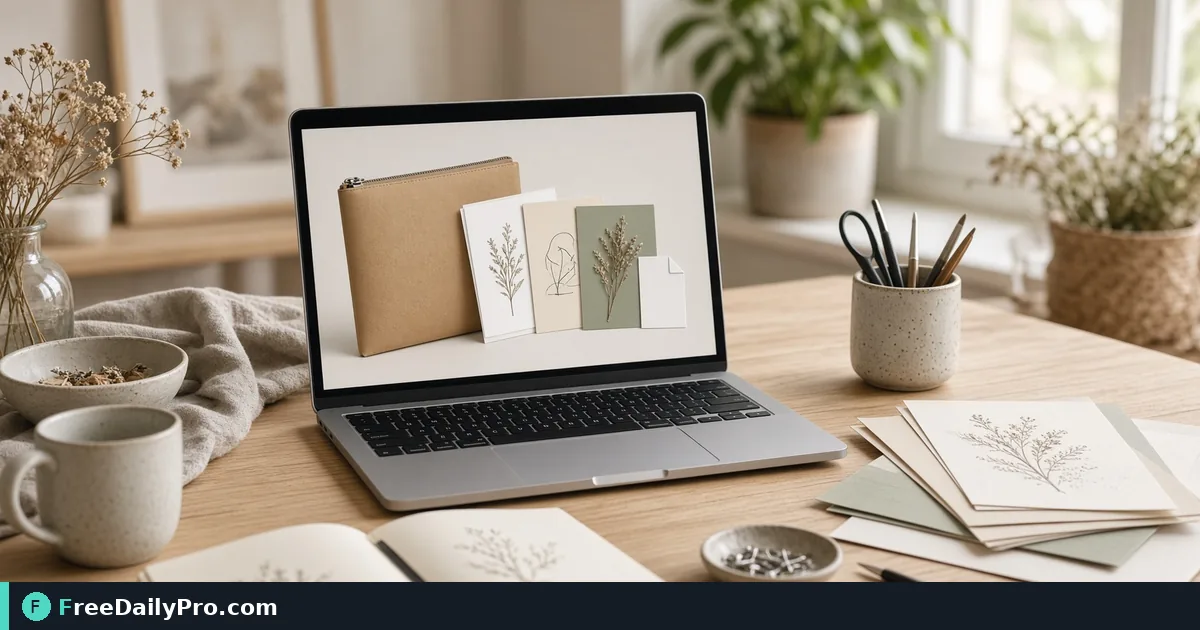 Digital product seller packaging downloadable files on a laptop at a craft desk