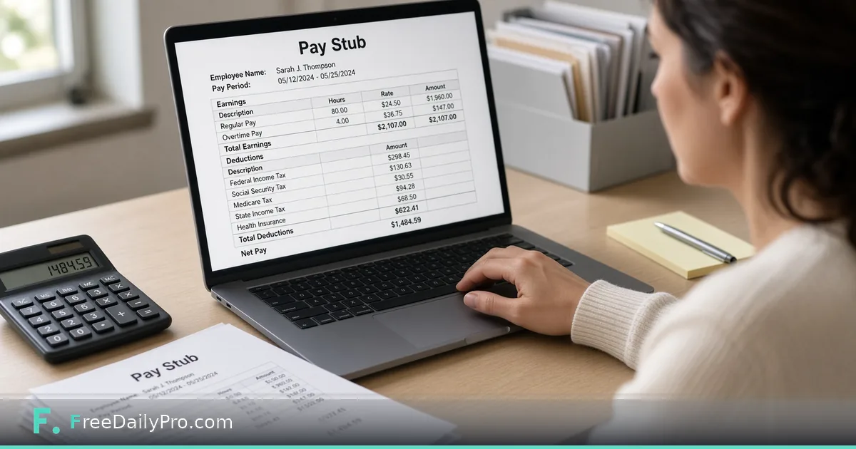 Small business owner checking a printed pay stub against a laptop showing earnings and deductions