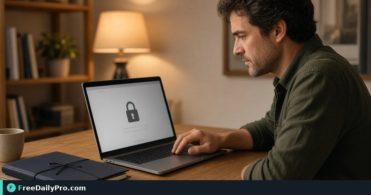 Professional encrypting a confidential PDF on a laptop in a home office
