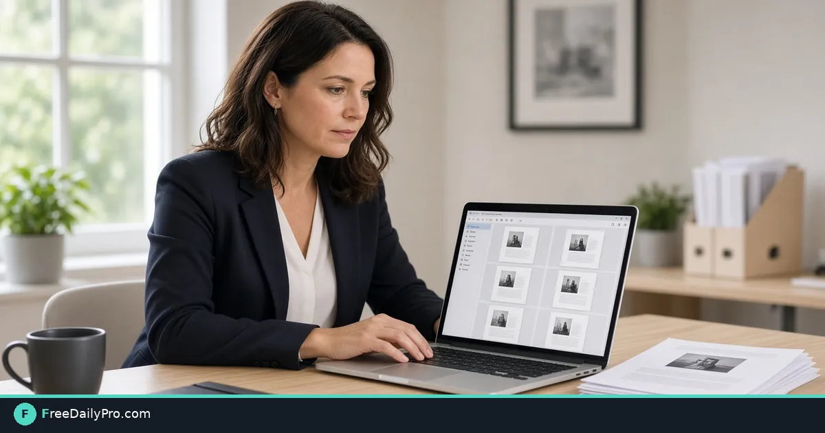Professional at a laptop reviewing PDF pages turned into separate image thumbnails